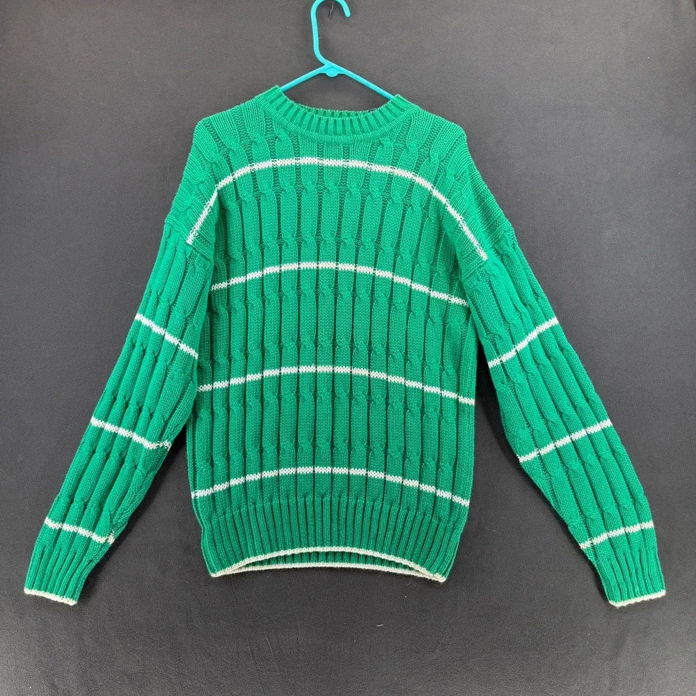 Vintage Gap Green Striped Cable Knit Crewneck Sweater Mens Small Ramie Cotton